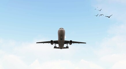 ULTRA HD. Airplane flies in blue sky. Travel. Airplane takes off against the background of blue sky. 