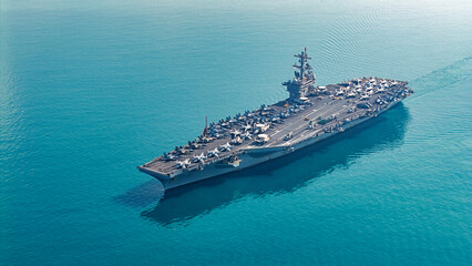 Aerial view aircraft carrier at sea.