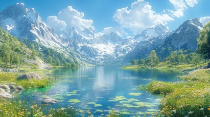 A serene landscape featuring a clear lake surrounded by majestic mountains and lush greenery under a bright blue sky.