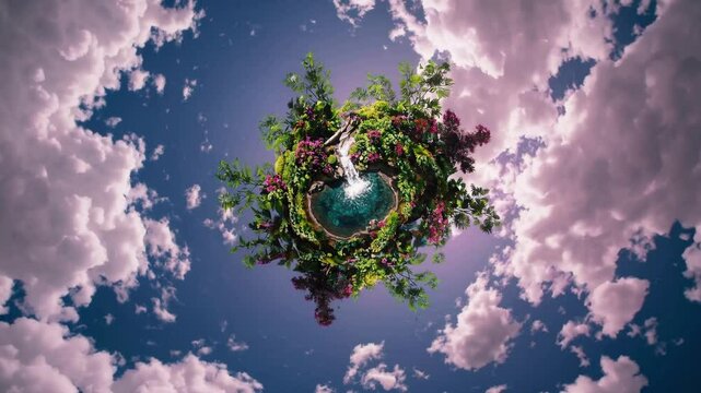 Miniature Planet of Paradise: A breathtaking view of a tiny planet flourishing with life. Crystal waterfall and stunning greenery creates a idyllic paradise amidst fluffy clouds. 