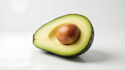 A halved avocado reveals its creamy green flesh and large brown pit, showcasing its nutritious interior against a clean white background.