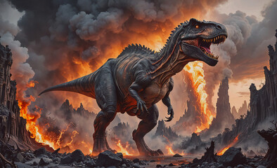 Large dinosaur is standing in front of a volcano. The volcano is spewing lava and the dinosaur is looking at the camera. The scene is intense and dramatic, with the dinosaur being the main focus of