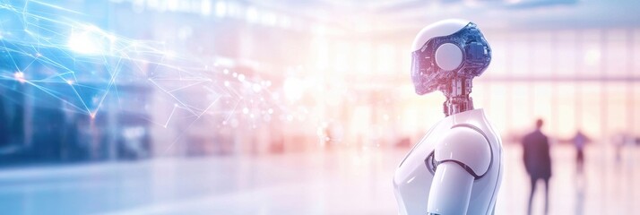 Robots conducting financial transactions and data analysis in a modern banking environment