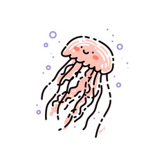 Sweet smilling  jellyfish    linework, artistic composition with violet bubbles