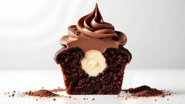 A delicious chocolate cupcake with a creamy filling, topped with rich chocolate frosting, set against a clean, minimalist background.