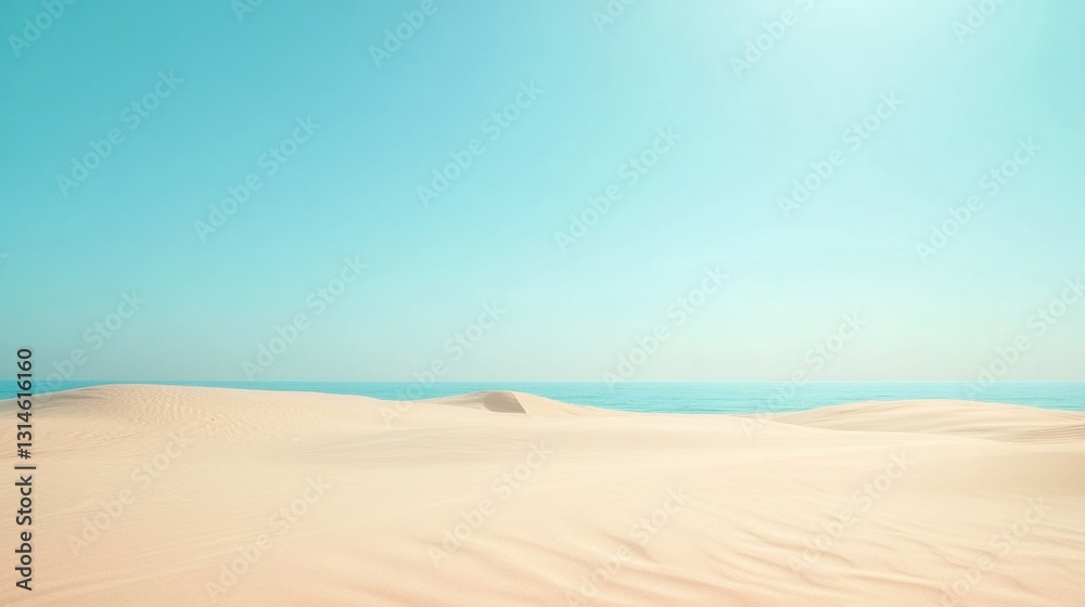 Poster spacious view of a tranquil beach with soft sand dunes and clear blue sky, perfect for relaxation or