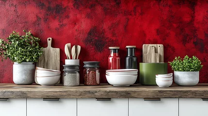 Kitchen countertop with spices and herbs on red wall. Possible use Stock photo © karinah