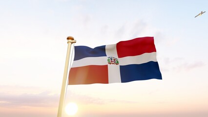 Flag of dominican republic waving in the wind, sky and sun background. Dominican Republic Flag. UHD. 