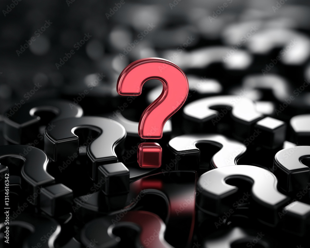 Poster Red large question mark stands out among many black ones, symbolizing unique solution,  problem-solving, or finding answers amidst complexity