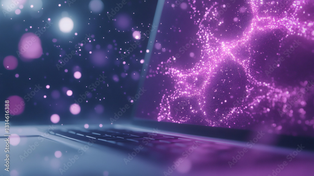 Poster glowing particles forming abstract shapes on a laptop screen, representing digital innovation and cr