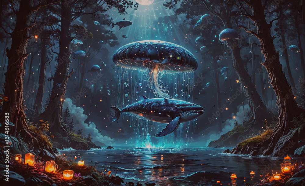 Aufkleber blue whale is swimming in a forest with a waterfall. the scene is illuminated by the moonlight and t