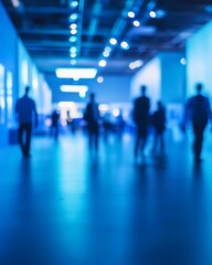 Blurred exhibition hall with people, focusing on business conference and dancing party in blue tone. Copy space. High quality.
