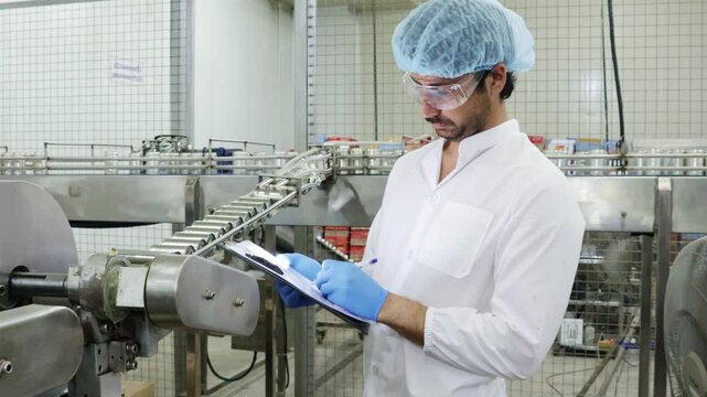 Male quality inspector oversees the production of canned sardines, carefully checking the condition of the product in the packing room before packing it into cardboard boxes.