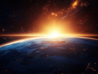 Vibrant cosmic dawn illuminating a giant gas expanse in the depths of the universe. Generative AI