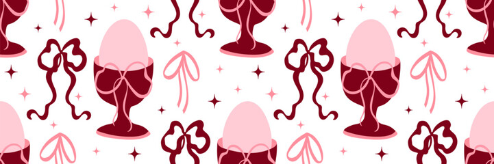 Modern Easter seamless pattern with egg cap and ribbon bow. Trendy colors wine and pink colors. Coquette Aesthetic style. Elegant vector illustration.