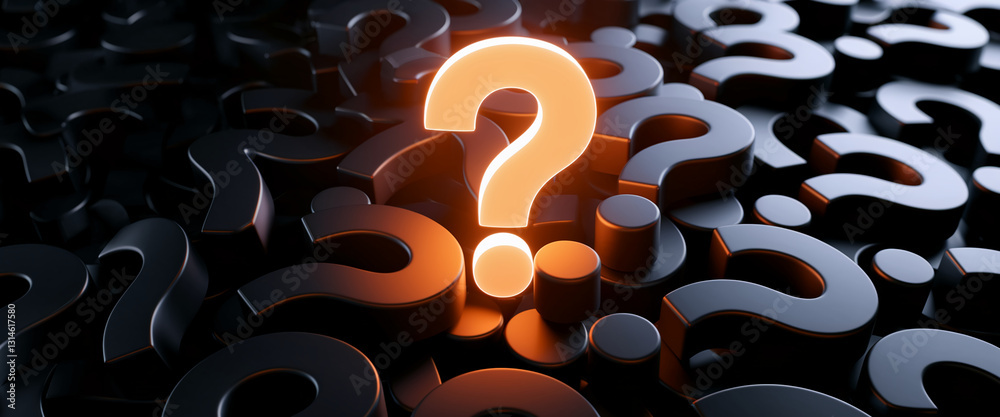 Poster Glowing orange large question mark among many dark gray question marks, creating a 3D texture, symbolizing solution, inquiry, and finding answers