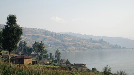 Fototapeta premium Misty morning view of a village nestled on a hillside overlooking a lake