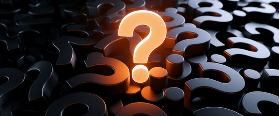 Glowing orange large question mark among many dark gray question marks, creating a 3D texture, symbolizing solution, inquiry, and finding answers