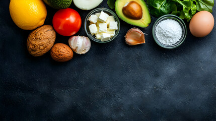 Assortment Of Fresh Healthy Food Ingredients On Dark Background
