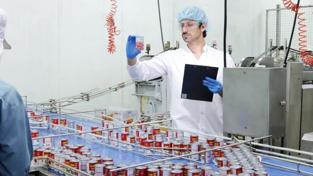 Male quality inspector oversees the production of canned sardines, visually inspecting the condition of the products in the packing room before packing them into cardboard boxes.