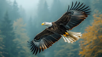 Obraz premium Majestic bald eagle soaring, misty forest, autumn, wildlife photography