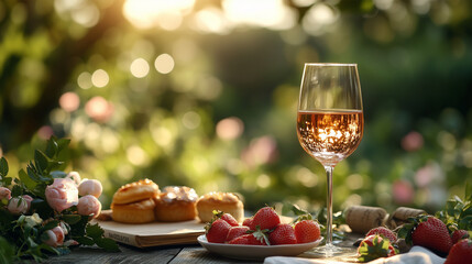 Elegant outdoor setting with a glass of rosé wine, fresh strawberries, and pastries on a rustic wooden table. Warm golden sunlight and blooming roses create a romantic and cozy atmosphere

