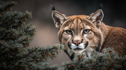 Fototapeta premium Bobcat staring, conifer background, wildlife portrait, nature reserve