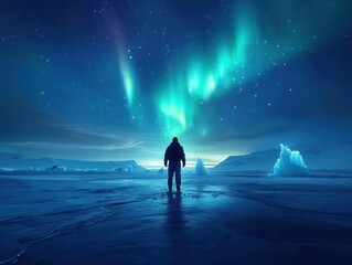 Obraz premium Majestic polar night illuminated by the shimmering aurora borealis above icy landscapes in serene isolation. Generative AI