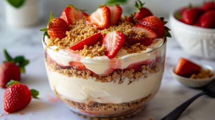Delicious strawberry cheesecake trifle dessert with whipped cream and cookie crumble topping