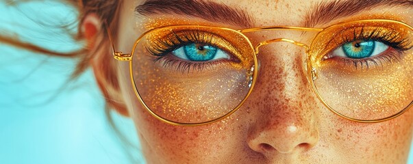 The image showcases a captivating close-up of a person's face, primarily focusing on their eyes and features around the eye area They are wearing golden glasses The skin has a fair complexion with a