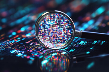 Magnifying glass focusing on colorful digital code on a screen, highlighting cybersecurity and data analysis.