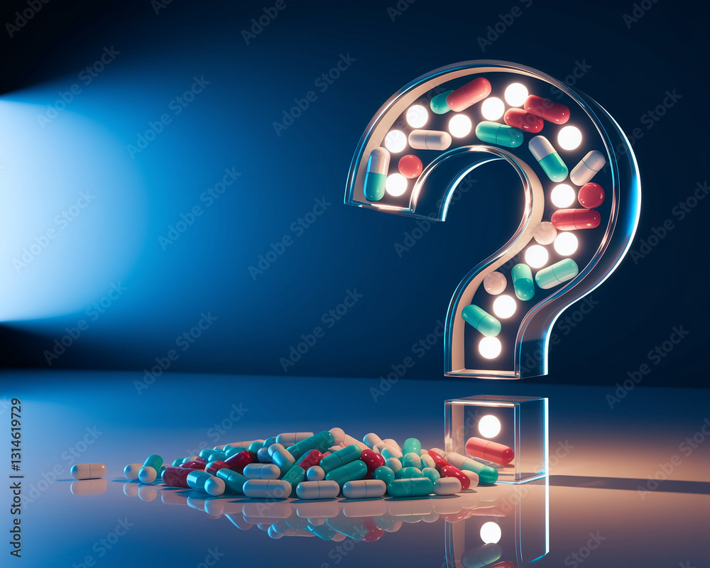 Aufkleber Glass large question mark filled with colorful capsules, illuminated from within, sits above a pile of similar capsules on reflective surface, symbolizing medicine, healthcare, or uncertainty