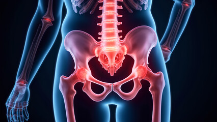 An anatomical illustration highlighting the human spine and pelvis, showcasing the structure and connections of bones in the lower back.