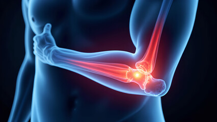 A digital illustration of a human arm highlighting the elbow joint with glowing red areas, indicating pain or inflammation.