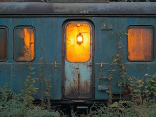 Nostalgic Train Carriage Doorway Aglow with Warm Light Amidst Overgrown Vegetation and Rustic Charm Capturing Abandonment