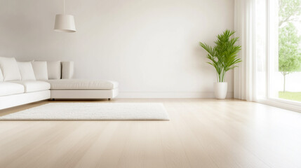 Bright minimalist living room with a white sofa, green potted plant, large window and light wooden floor