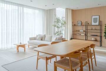 Fototapeta premium テーブル、ソファ、白色のカーテンがあるシンプルなリビング