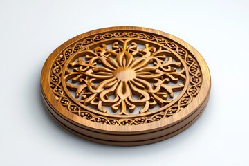 Fototapeta premium Intricate Wooden Carving with Floral Design and Geometric Patterns