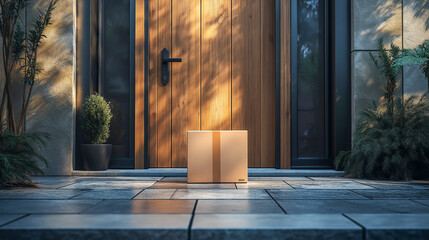 Cardboard package placed on the doorstep of a modern house with a wooden door, tiled entrance, and surrounding plants in soft sunlight