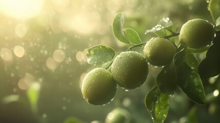 Fresh limes on a branch of a healthy lime tree, dew-covered leaves and soft morning light
