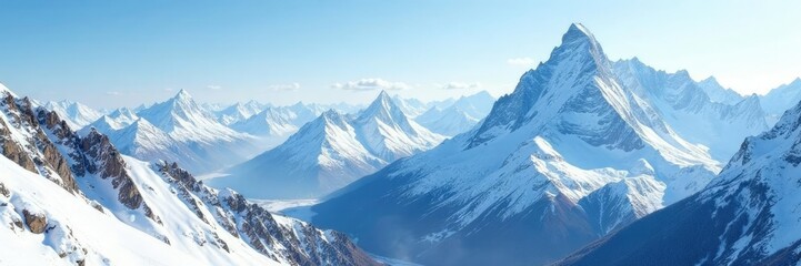 Obraz premium Majestic mountain range with snowy peaks and valleys, frozen, natural