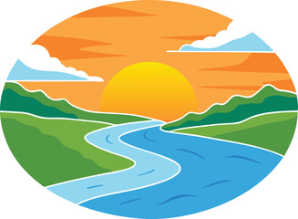 A tranquil sunset reflecting on a flowing river illustration