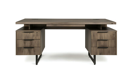 A wooden desk with four drawers and a black handle