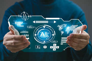 A person holds a futuristic tablet displaying AI technology, graphs, and security icons, symbolizing the fusion of innovation and digital security.