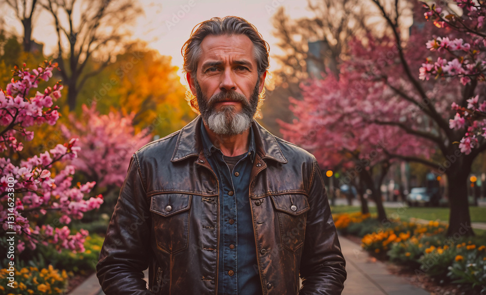 Poster man wearing a leather jacket stands in front of a tree with pink flowers. he has a beard and a musta