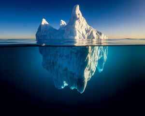 Iceberg above and below waterline, showing a small visible portion and a large hidden mass, symbolizing unseen potential, hidden dangers, or unknown depths