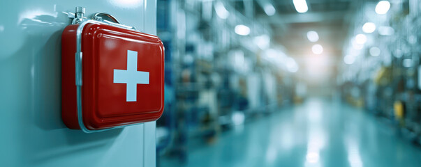 First aid kit secured to wall in factory setting, ensuring safety