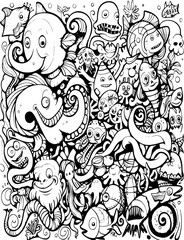 starfish, crab, jellyfish, octopus, submarine, pattern, vector, seamless, cartoon, animal, design, illustration, doodle, wallpaper, flower, art, set, drawing, sketch, decoration, floral, fish, cat, cu