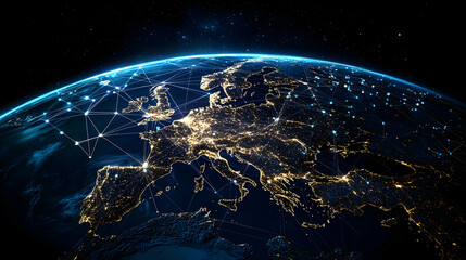 Obraz premium Planet Earth At Night Showing Illuminated Europe From Space With Stars In Background