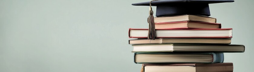 Graduation cap on books; education, learning